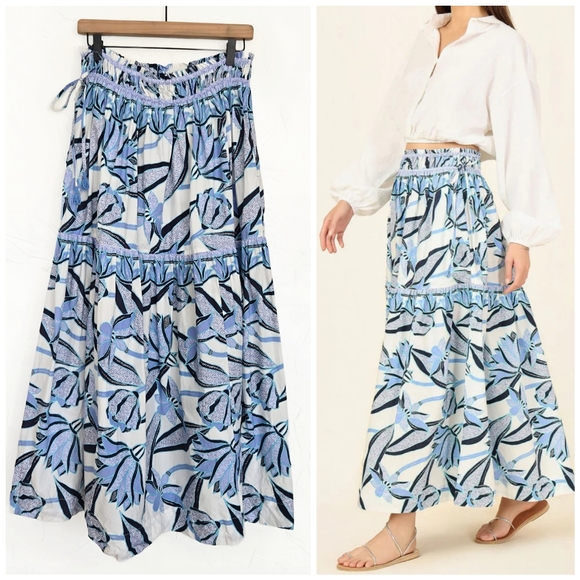 Omika Dresses & Skirts - Omika Floral White Blue Boho Rosalita Maxi Skirt, S